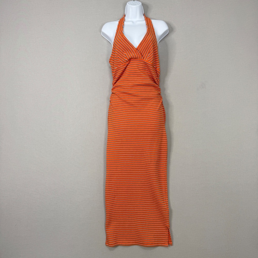 Pilcro High Tide Halter Slim Midi Dress Womens XS Orange Striped Beach Resort